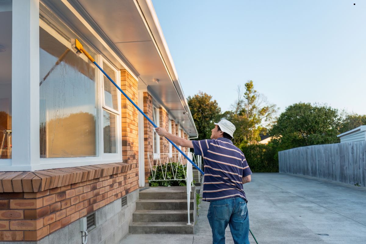 A man is engaged in cleaning the windows of a house, enhancing the home's appearance and visibility.