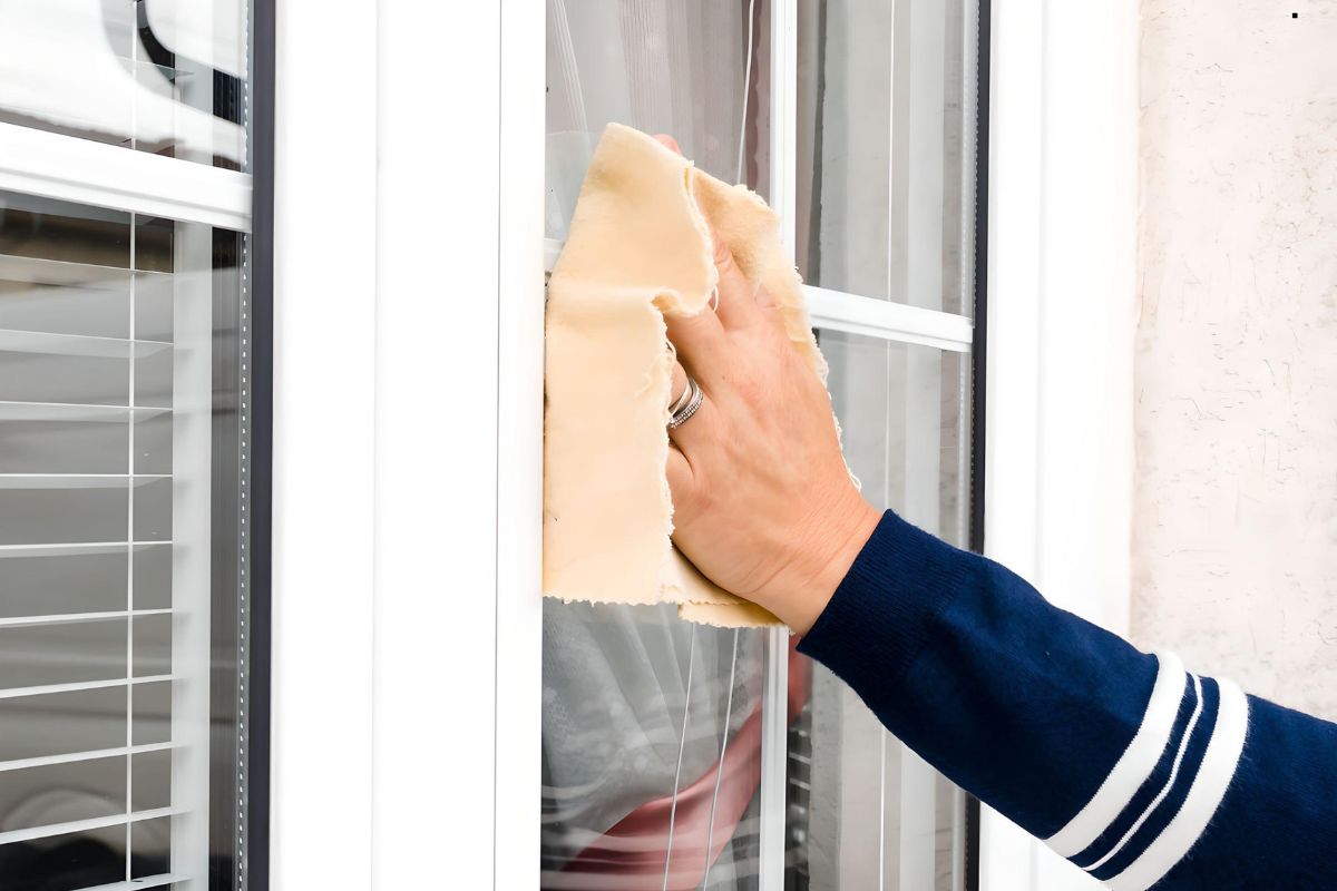 An individual using a cloth to clean a window, highlighting the importance of vigilance against window cleaning scams.