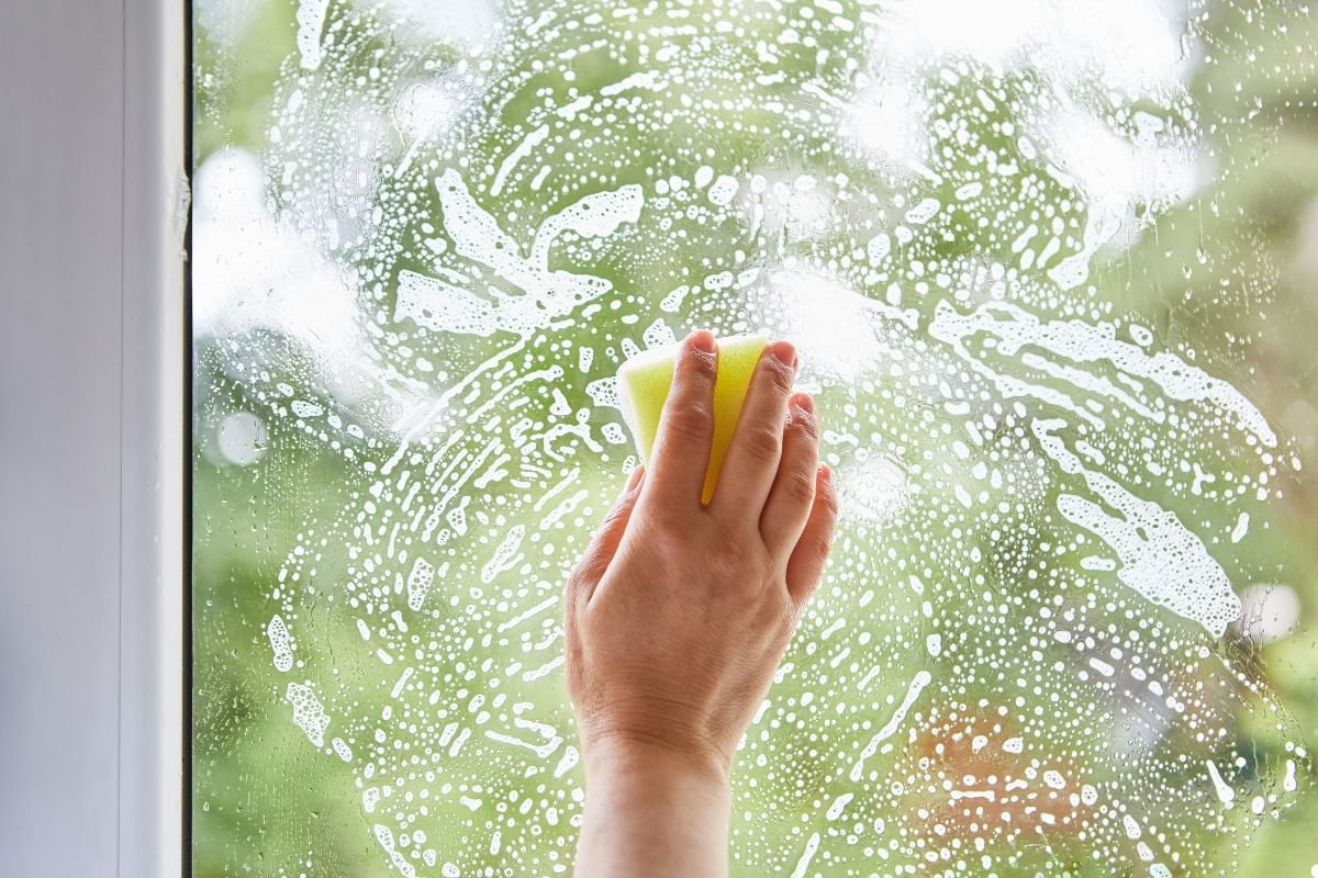 A person using a sponge to clean a large window, focusing on removing dirt and streaks for a clear view. 