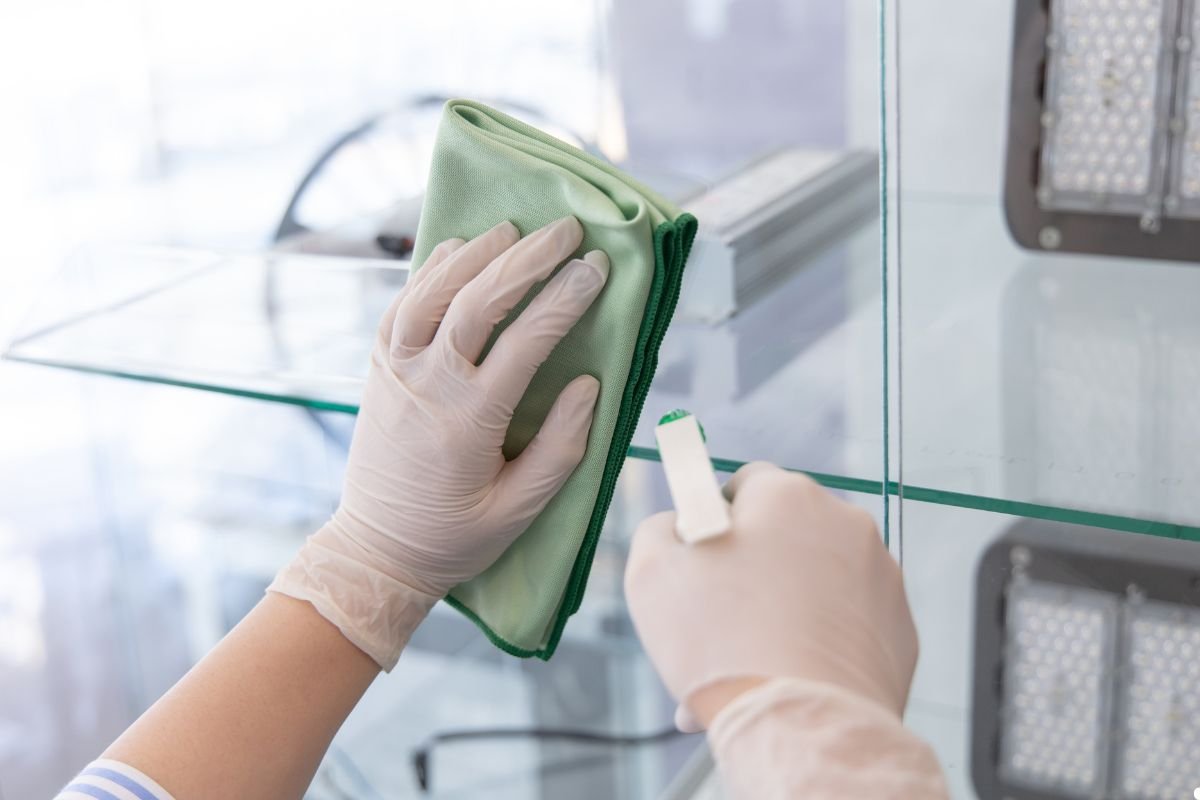 A person wearing white gloves carefully cleans a glass display case with a cloth, ensuring it is spotless and clear. 